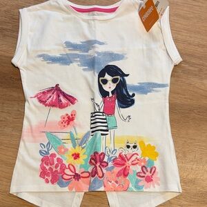 Gymboree White Tee with Colorful Floral and Character Design